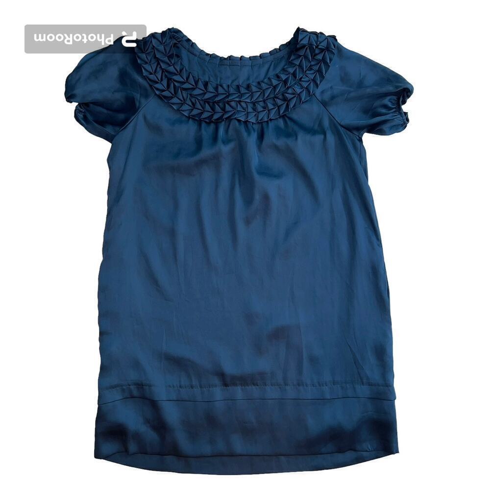 BCBGeneration Satiny Navy Blue Shift Dress Braid Collar Puff Sleeves Size M